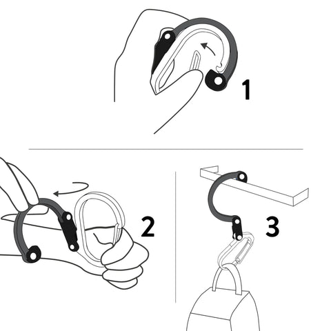 Illustration showing usage steps for HeroClip Mini Carabiner Clip And Hook 2 Pack For Travel Luggage Purses And Small Bags Stealth Black 3 In 1 Clip Holds Up To 40 Lbs With Rubber Tip Grip For Secure Everyday Hanging And Quick Access.