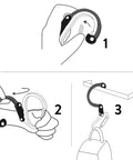 Illustration showing how to use HeroClip Medium Carabiner Gear Clip And Hook For Camping Backpack And Garage Organization. Steps 1-3.
