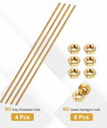Top Shelf Solid Brass Threaded Rods With Hex Nuts, M2 X 0.4mm Pitch Straight Four Inch Studs, Rust Proof DIY hardware fasteners in a set of 4 rods and 8 nuts.