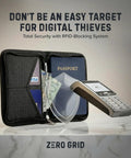 RFID Blocking Passport Holder And Travel Wallet opened showing passport, cards, cash with shield icon, on marble surface.