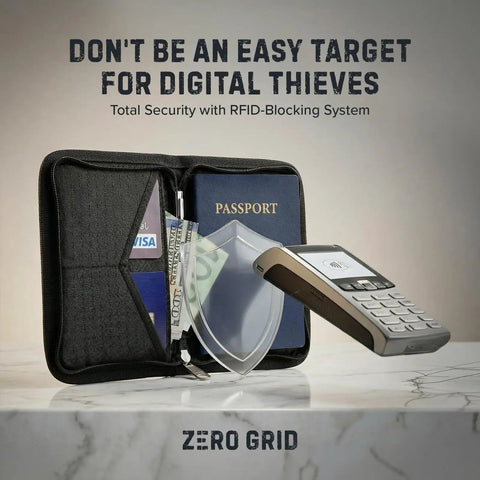 RFID Blocking Passport Holder And Travel Wallet opened showing passport, cards, cash with shield icon, on marble surface.