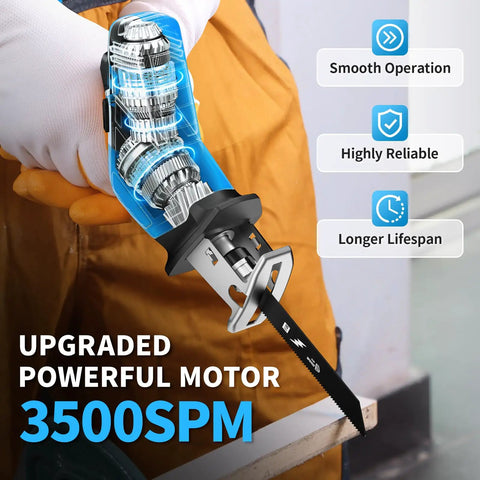 Cordless Reciprocating Saw Featuring Variable Speed Up To 3500 SPM For Smooth Tear Through Steel And Lumber Comes With Twin 2 Ah Batteries For Legit Heavy Duty Job Site Grind with visible motor components.