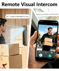 Remote Visual Intercom showing delivery person speaking at door with package, showcasing smart home security installation.