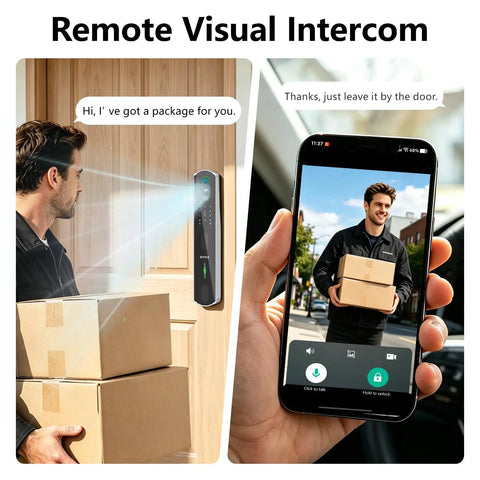 Remote Visual Intercom showing delivery person speaking at door with package, showcasing smart home security installation.