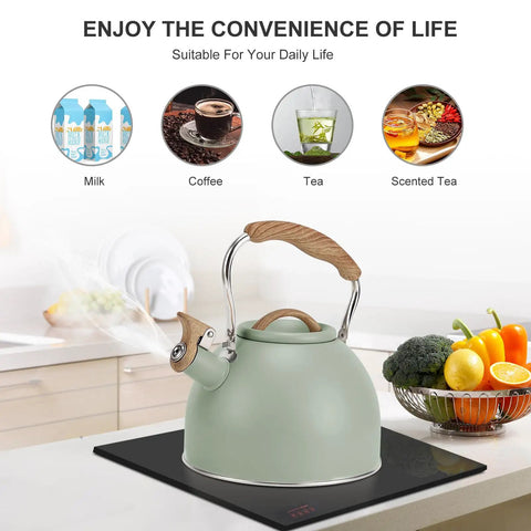 3 Liter Teapot With Loud Whistle Stainless Steel Stove Top Kettle With Wood Pattern Folding Handle Green Food Grade Teapot For Tea Lovers Coffee Buffs And Milk On The Stove Perfect For Daily Tea Or Coffee Rituals