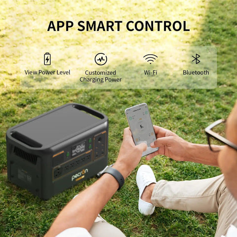 Person controls Beefy F3000LFP 3072Wh Portable Power Station With 3600W Pure Sine Wave LiFePO4 Battery Backup via smartphone app outdoors.