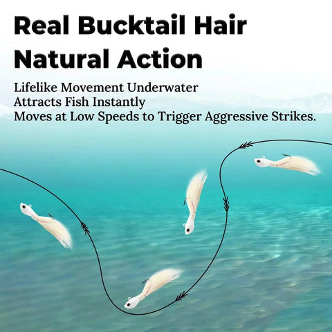Premium Bucktail Jigs With Hair Lures, Five Pack 0.25 Ounce To 2.0 Ounce Jig Heads For Real Saltwater Action shown in underwater motion