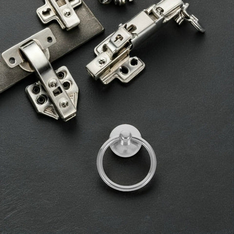 Close-up of Vintage Metal Ring Drawer Pulls Ten Pack Silver Cabinet Handles with round drop knob and installation hardware.