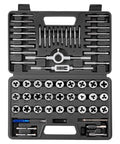 Tap And Die Set 60 Piece Pro Grade SAE And Metric Threading Kit For M3 Through M12 And 4 To One Half Inch Coarse And Fine Threads With Wrench Carrying Case And Complete Accessories For Easy Threading And Rethreading displayed in a black carrying case with various taps, dies, and accessories visible.