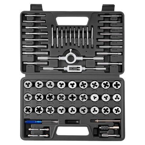 Tap And Die Set 60 Piece Pro Grade SAE And Metric Threading Kit For M3 Through M12 And 4 To One Half Inch Coarse And Fine Threads With Wrench Carrying Case And Complete Accessories For Easy Threading And Rethreading displayed in a black carrying case with various taps, dies, and accessories visible.