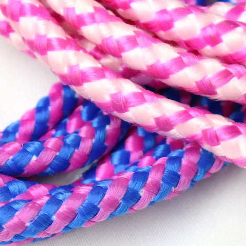 Close-up of nylon ropes in pink, blue, and purple from the Adjustable Colorful Jump Rope 3 Pack For Kids And Teens