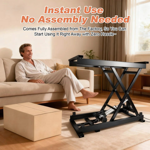 Electric Scissor Lift Table 280 Lbs Capacity Adjustable Height 7.1 To 26.4 In in living room setting with man relaxing nearby