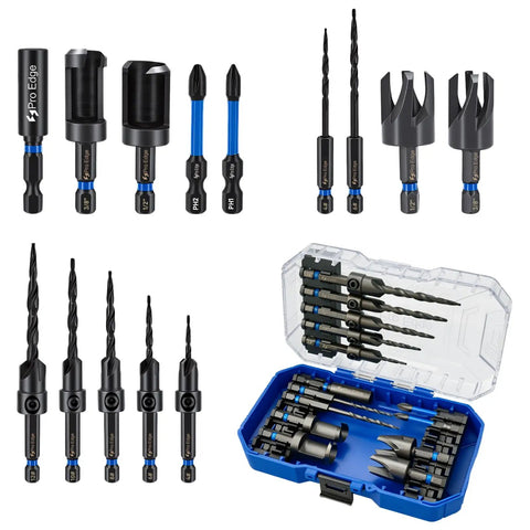 Boss Quality 17 Piece Countersink Drill Bit Set With Hex Shank Wood Plug Cutters Screwdriver Bits And Extension Shaft in tool storage case.