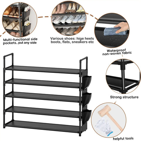 Five Tier Shoe Organizer Rack For Closet, Entryway Or Garage, Space Saving Shoe Holder Stand With Large 20 To 25 Pair Capacity