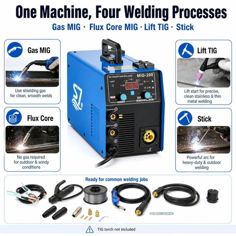 200 Amp 4 In 1 Multi Process Welder With Dual Voltage 110V And 220V MIG TIG MMA Stick Welder Gas Or Gasless Flux Core IGBT Inverter.