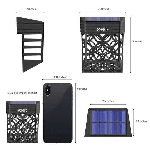 Diagram showing dimensions of Halloween Solar Deck Lights Outdoor Waterproof LED Garden Decor 4 Pack For Posts Patio Front Door Steps Stairs Pool And Yard In Warm White Easy Install Solar Fence And Path Lights beside a phone for size comparison.