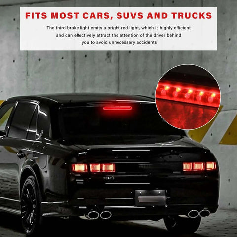 Rear view of a car with red High Mount 24 LED Third Brake Light For Sedans, SUVs And Trucks illuminated, emphasizing its street-ready and waterproof features.