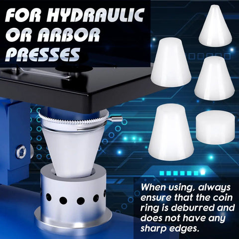 Five Piece Coin Ring Making Tools Folding Cone Set Including One Quarter Inch One Half Inch Five Eighths Inch And Three Fourths Inch Dies With Spacer Disc For Deep Mold Casting And Precise Hole Expansion In Jewelry Making Gear Must Have with hydraulic press system.