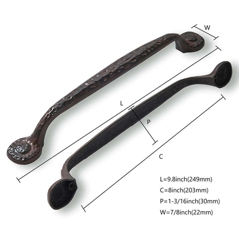 10 Pack 8 Inch Hole Center Rustic Iron Cabinet Pulls With Hammered Antique Finish showing dimensions