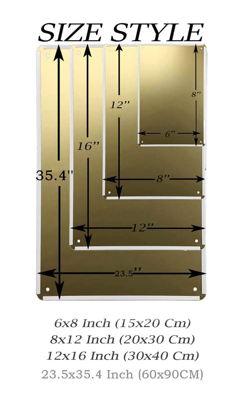Size options for tin signs - 6x8, 8x12, 12x16 inch shown in gold background for Music Theory Basics Poster Cheat Sheet Metal Wall Decor Infographic