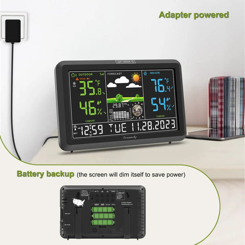 Indoor Outdoor Weather Station With Large Digital Display, Wireless Thermometer, Atomic Clock, Dimmer, USB Port, Humidity Monitor For Home