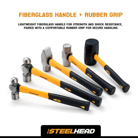Five Piece Fiberglass Handle Hammer And Mallet Set For Demolition And Metal Working With 16oz Ball Peen 32oz Ball Peen 32oz Rubber Mallet