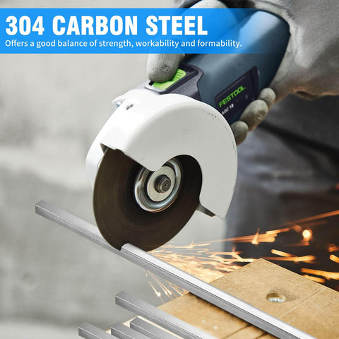Cutting stainless steel key stock with power tool, showing four pack one quarter inch square steel key stock twelve inch length cold drawn stainless steel bars precision key stock pro grade corrosion resistant heavy duty for machinists and DIY projects.