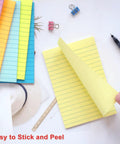 9 Pack 4x6 Inch Lined Sticky Notes With 35 Sheets Per Pad, Pastel Colors Memo Pads in use, showing easy peel feature on a desk