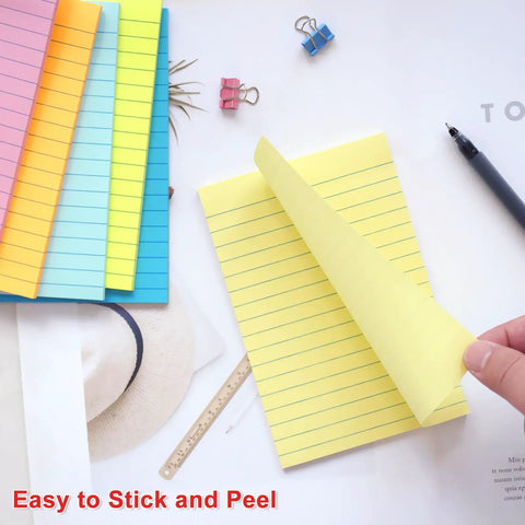 9 Pack 4x6 Inch Lined Sticky Notes With 35 Sheets Per Pad, Pastel Colors Memo Pads in use, showing easy peel feature on a desk