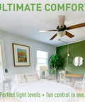 Ceiling fan in a bright bedroom with 450W LS Series Dimmer Light Switch With Built In Fan Control For Dimmable LED And CFL Bulbs