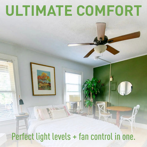 Ceiling fan in a bright bedroom with 450W LS Series Dimmer Light Switch With Built In Fan Control For Dimmable LED And CFL Bulbs