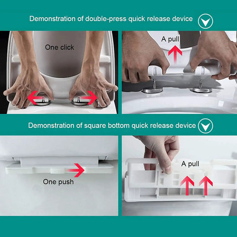 Demonstration of quick release device for Top Shelf Soft Close Toilet Seat With Adjustable Top Mount Hinges in four steps.