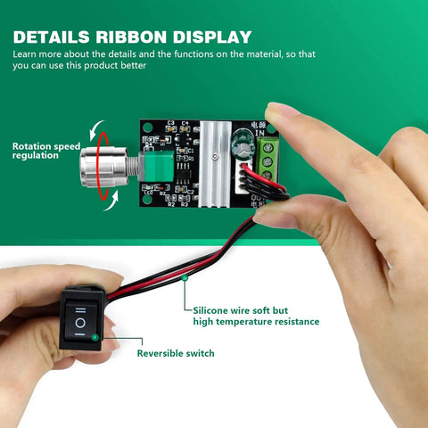 Hands holding Boss PWM Motor Speed Controller for DC Motors With Forward and Reverse Reversible Knob Switch 6V to 28V