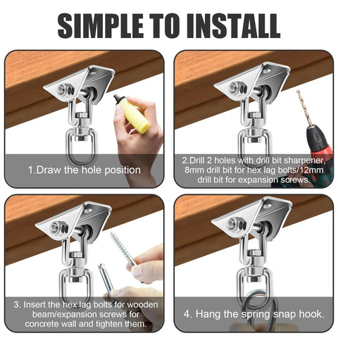 Installation steps for Two Pack Swing Hanger Set 304 Stainless Steel Beefy Heavy Duty Ceiling Mount Swivel Hooks 1763 Lbs Capacity.