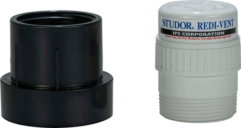 Redi-Vent Air Admittance Valve With ABS Adapter for 1½-2 inch connection, featuring gravity activated seal, shown with components.