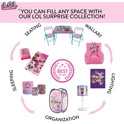 LOL Surprise themed pop up laundry hamper for kids in pink with durable carry handles and easy folding clothes storage bin