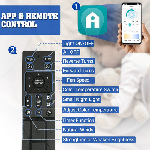App and remote control for 18 Inch Ceiling Fan With Light Kit Dope LED Lighting, Low Profile Fan With Remote, Smart App Control