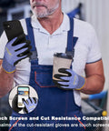 Touchscreen Ready Safety Work Gloves Set For Guys And Gals Snug Fit With Superior Dexterity Anti Slip Nitrile Coating Five Level Cut Resistant Heavy Duty For Construction Automotive And Home Repair, worn by man holding phone and coffee.