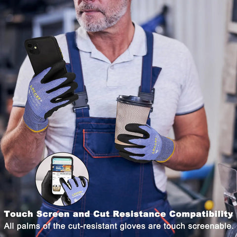 Touchscreen Ready Safety Work Gloves Set For Guys And Gals Snug Fit With Superior Dexterity Anti Slip Nitrile Coating Five Level Cut Resistant Heavy Duty For Construction Automotive And Home Repair, worn by man holding phone and coffee.