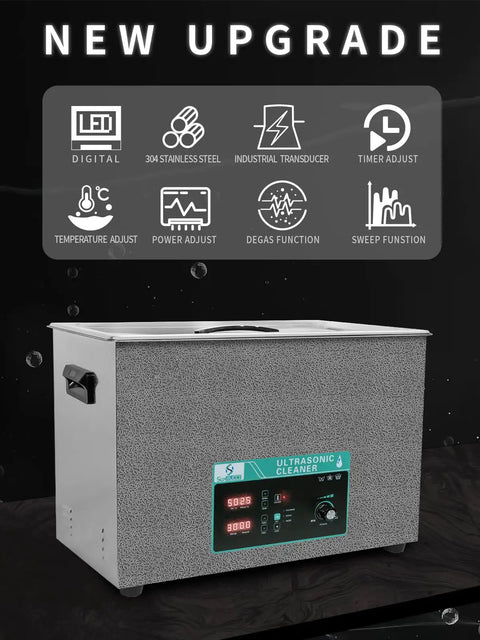 Huge 37.5L Ultrasonic Cleaner With 720W Power for Deep Cleaning Engine Parts, Tools, and Jewelry shown with digital display.
