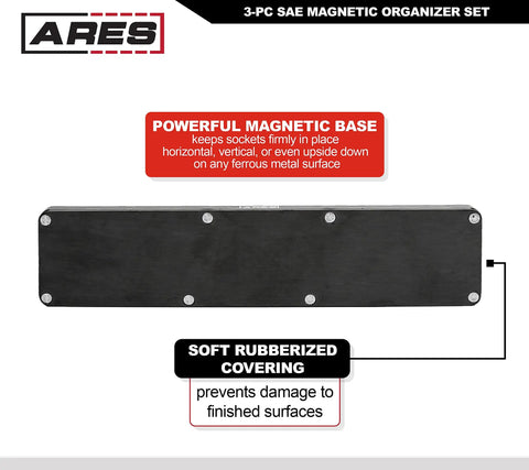 Magnetic Socket Organizer Set For One Quarter, Three Eighths, And One Half Inch Drives Keeps Your Tool Box Tidy And Ready With Strong Magnetic Holders showcasing rubberized covering and magnetic base.