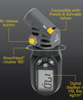 Digital Tire Pressure Gauge With Dual Valve SmartHead For Presta And Schrader, Reads Up To 250 Psi With Clear LCD Readout, front view