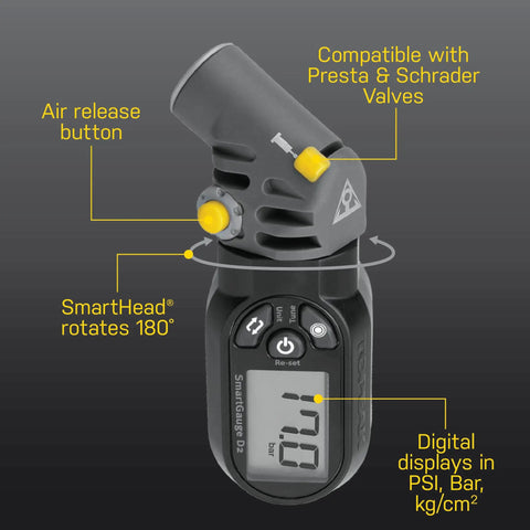 Digital Tire Pressure Gauge With Dual Valve SmartHead For Presta And Schrader, Reads Up To 250 Psi With Clear LCD Readout, front view