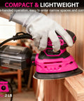 Detail Sander 13000 RPM Compact Electric Sanding Tool in use on wooden furniture, showing gloved hand grip and dust box