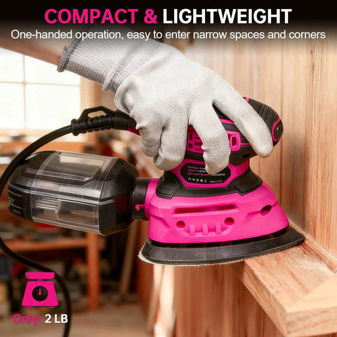 Detail Sander 13000 RPM Compact Electric Sanding Tool in use on wooden furniture, showing gloved hand grip and dust box