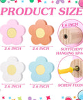Four Pack Hand Carved Wood Daisy Wall Hooks Decorative Multi Color Coat And Robe Hanger Rack For Bathroom Kitchen Nursery Bright Vintage Refresh Game Changer size details with 2.6 inch flower hooks.