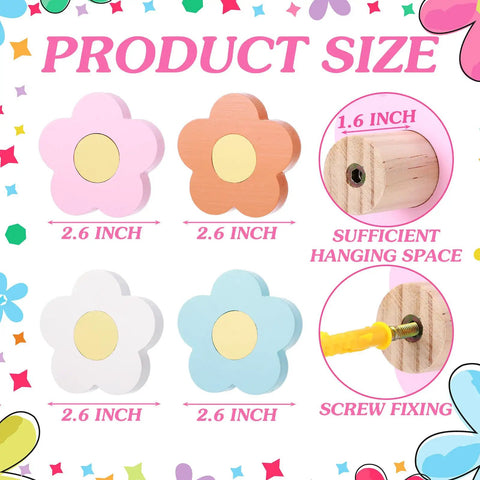 Four Pack Hand Carved Wood Daisy Wall Hooks Decorative Multi Color Coat And Robe Hanger Rack For Bathroom Kitchen Nursery Bright Vintage Refresh Game Changer size details with 2.6 inch flower hooks.