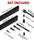 Half Inch Drive Master Impact Socket Set With 38 Piece Deep Sockets SAE From Three Eighths To One And A Quarter Inch And Metric Ten To Thirty Two Millimeter Includes Built Tough Heavy Duty Extension Bars Three Five Ten Inch Adapters And Ratchet Handle, shown with components laid out including sockets, extension bars, adapters, and ratchet.