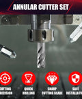 Heavy Duty Annular Cutter Kit With Magnetic Drill Press Bits And Three Quarter Inch Weldon Shank For Smooth Knockout Drilling On Steel And Aluminum Up To One Inch Thick Pilot Pin And Hex Wrench Included with sharp cutting blade.