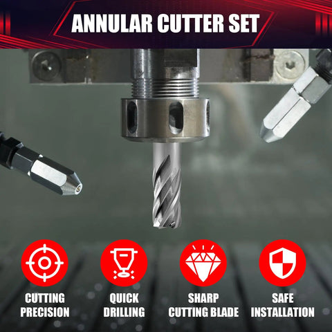 Heavy Duty Annular Cutter Kit With Magnetic Drill Press Bits And Three Quarter Inch Weldon Shank For Smooth Knockout Drilling On Steel And Aluminum Up To One Inch Thick Pilot Pin And Hex Wrench Included with sharp cutting blade.